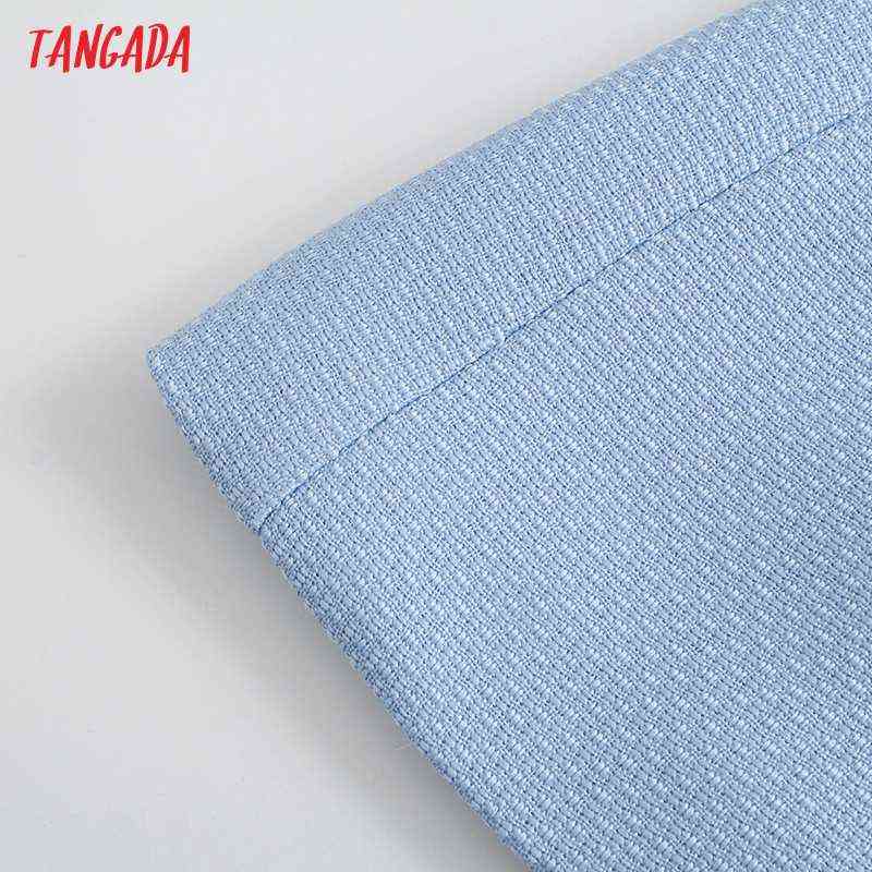 Tangada Women Fashion Blue Tweed Blazer Coat Vintage Long Sleeve Office Lady Outerwear Chic Tops QD83 211122