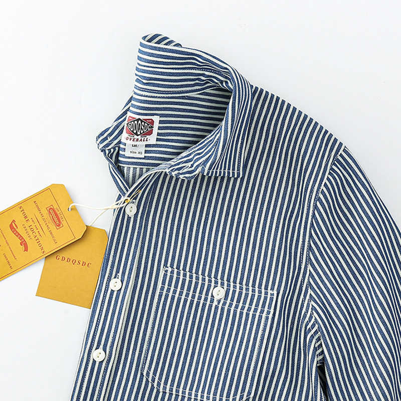 American Style Amekaji Heavyweight Men Classical Striped Shirts Thicken Dense Canvas Cotton Blouse Vintage Cargo Streetwear Male 210721