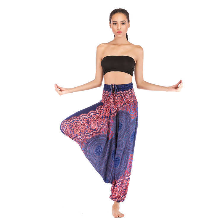 Thailand India Female Casual Loose Big Fork Pants Bohemia Floral Printed Elastici Waist Ladies Lace Up Dance Trouses Harem 210604