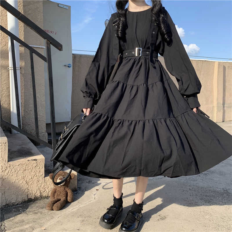 YBYR Japanese Harajuku Women Black Midi Dress Gothic Style Suspenders Bandage Dress Vintage Ruffles Long Baggy Cosplay Costume 210630