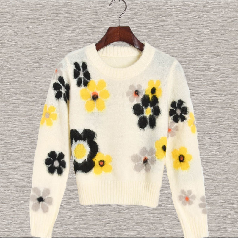 20 early autumn elegant fresh contrast flower print crew neck women's girlish style, White
20 early autumn elegant fresh contrast flower print crew neck women's girlish style, White