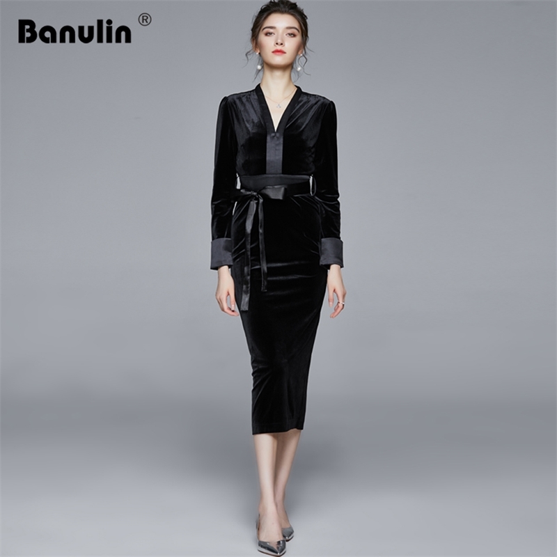 Banulin Runway Autumn Winter Black Velvet Dress Women V-Neck Sashes Bow Long Sleeve Bodycon Evening Party Dresses 210603
Banulin Runway Autumn Winter Black Velvet Dress Women V-Neck Sashes Bow Long Sleeve Bodycon Evening Party Dresses 210603