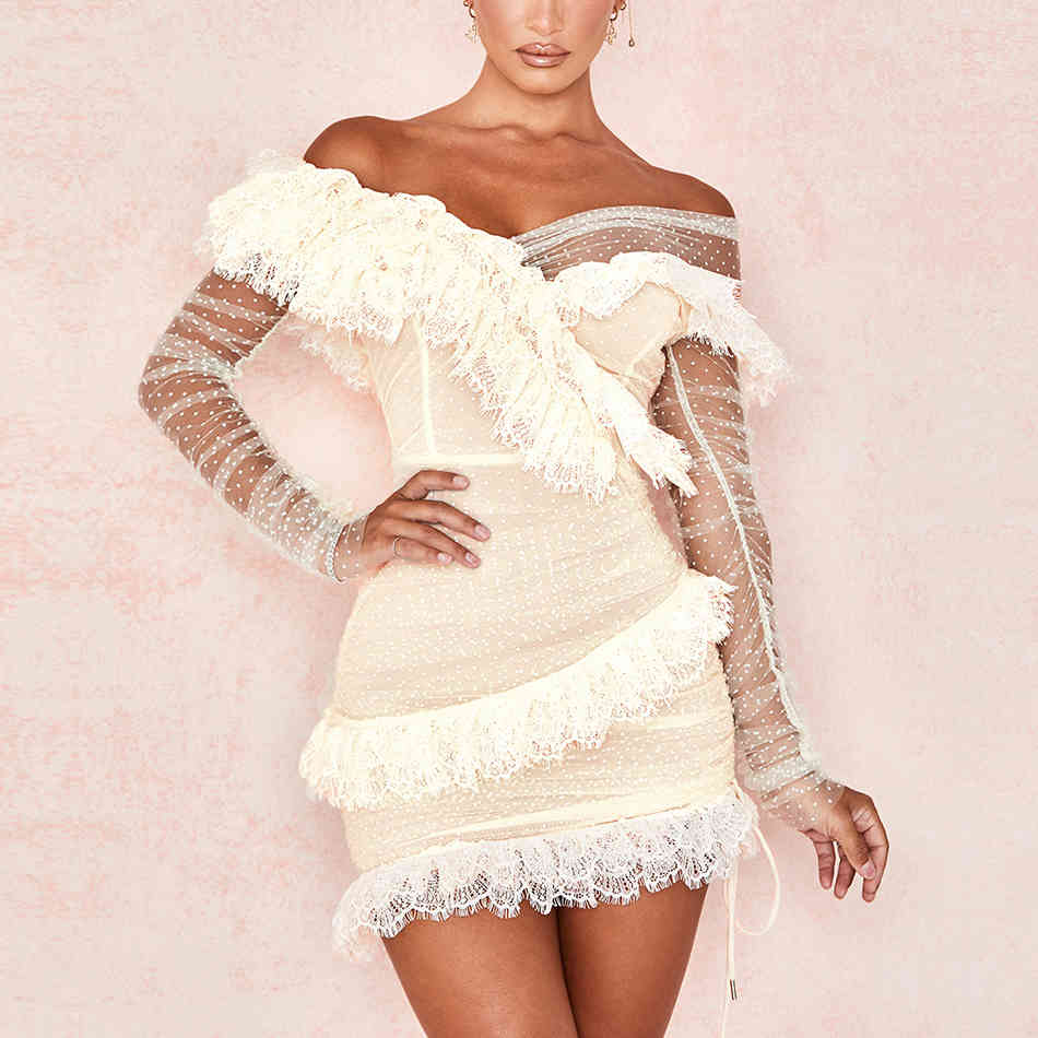 Summer Off Shoulder Mini Dress Vesitidos Sexy Long Sleeve Lace Women Fashion Club Celebrity Runway Party Dresses 210423