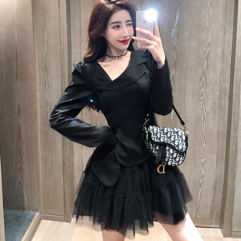 Spring Temperament Ladies Two pieces set Women Long sleeves Single Breasted Chic Shirt Top + High Waist Ball Gown Mini Skirt Sui 210519
