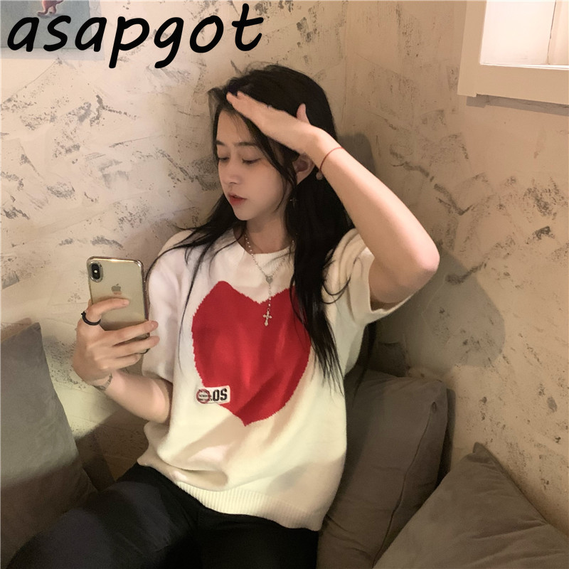 Sweaters&Jumpers Pullovers O Neck Short Sleeve Sweater Love Heart Kniited Top Chic Sweet Fashion Casual Japan Style Spring 210429