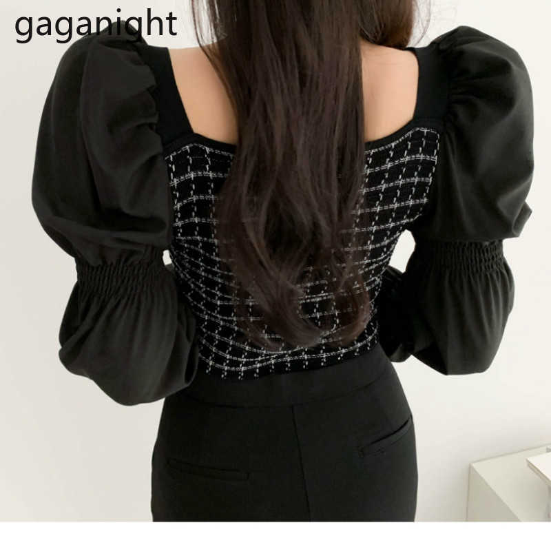 Elegant Women Knitted Patchwork Plaid Crop Blouse Puff Long Sleeve Slim Shirt Female Chic Korean Blusas Fashion Shirts 210601