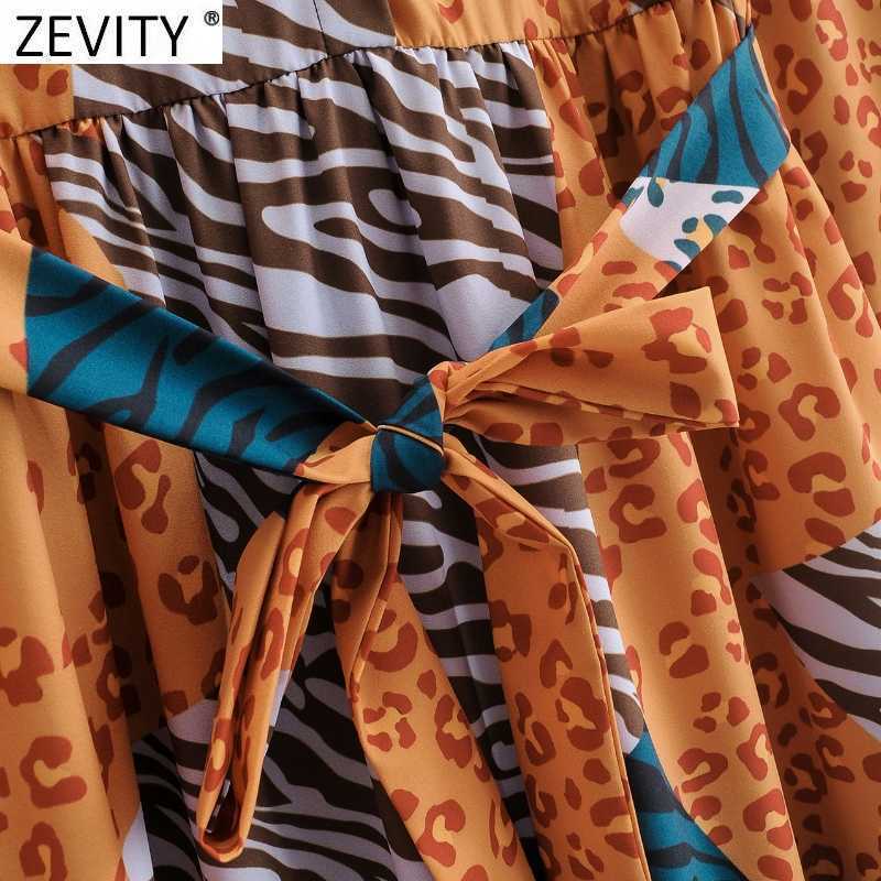 Zevity Women Vintage Leopard Patchwork Print Sashes Shirt Dress Office Ladies Long Sleeve Business Chic Split Vestido DS4681 210603