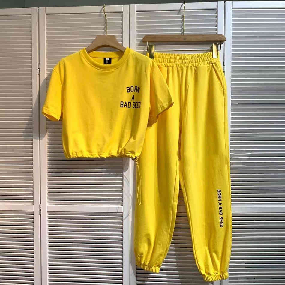 Free Summer Women's Casual Letters Sports Set O-Neck Short Sleeve Drawstring Pullover Top & Trousers Two-Piece 210524