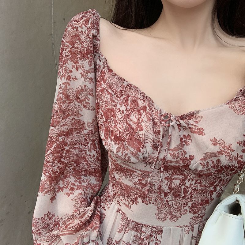 Elegant Floral Sweet Dress Women Retro Puff Sleeve Chiffon High Waist Party Casual Female Summer 210519