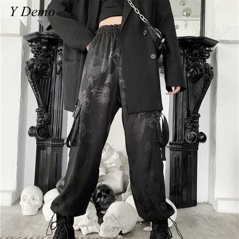 Harajuku Dragon Embroidery Soft Cargo Pants Women Side Pocket Rock Loose Elastic Waist Trousers Female 211115