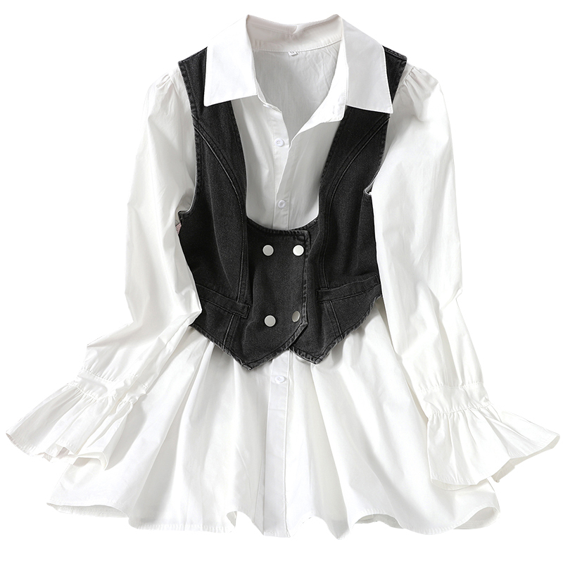 Nomikuma Spring New Blouse 2 Piece Suit Medium-long Puff Sleeve Blouse Shirt + Double Breasted Demin Vest Korean Sets 6D981 210427