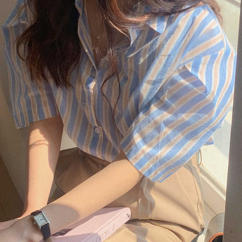 Korejpaa Women Shirt Summer Korean Chic Sweet Fresh Blue Striped Lapel Single-Breasted Loose Casual Puff Sleeve Blouses 210526