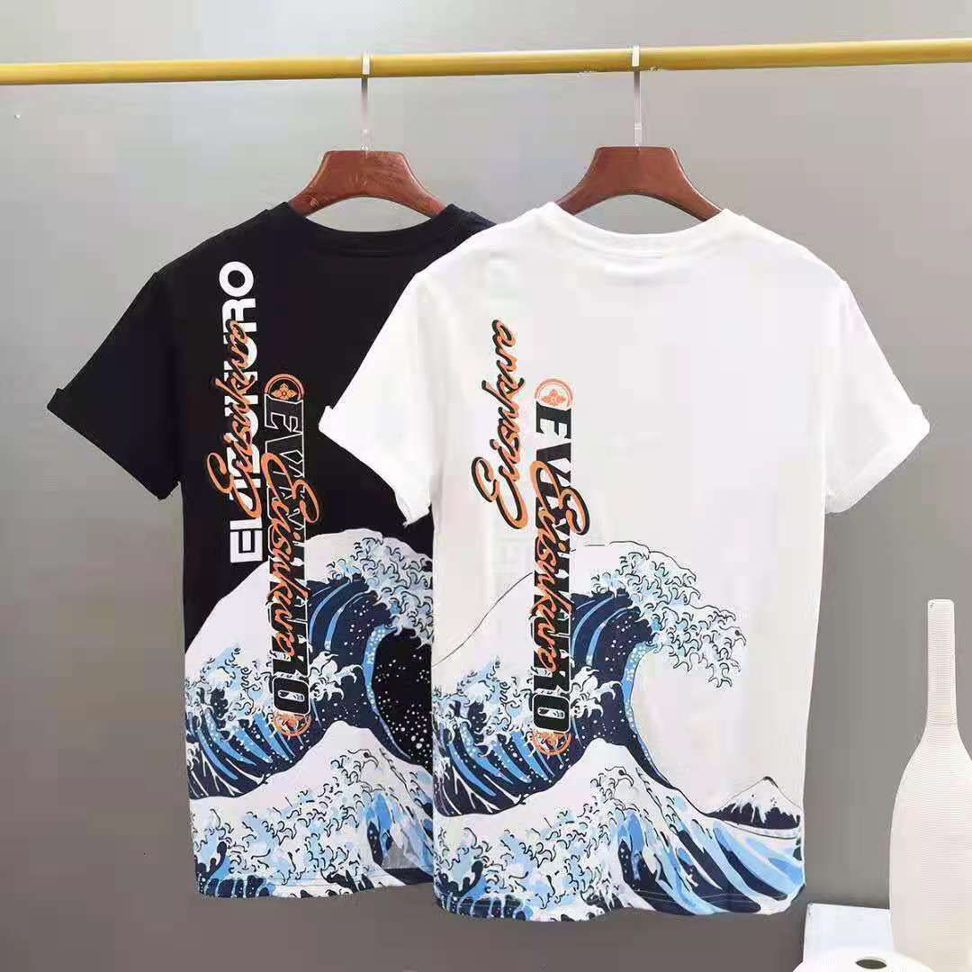t shirt summer brand fushen wave printing loose casual pullover men's and women's short sleeve s, White
t shirt summer brand fushen wave printing loose casual pullover men's and women's short sleeve s, White