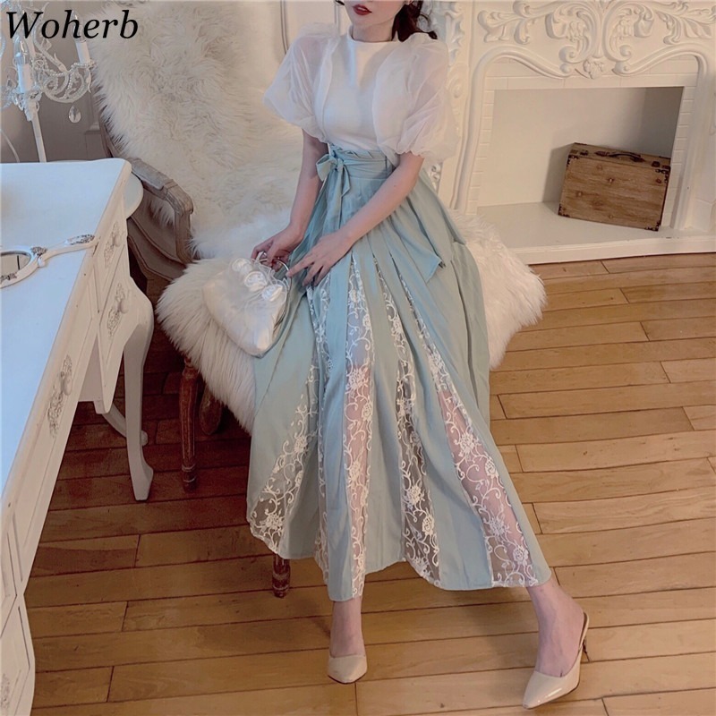 Elegant Lace Skirts Womens Faldas Largas Mujer Korean Fashion Clothing Bandage Pleated Skirt Summer Kawaii Femme 210519