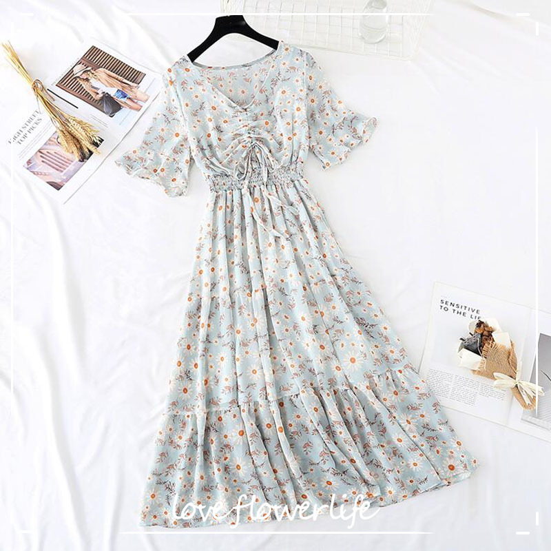 Summer Chiffon Long Dress Women Elegant V-Neck print Floral Dresses Elastic waist Slim Sweet Ruffles Dress Vestido 210521, Light blue
Summer Chiffon Long Dress Women Elegant V-Neck print Floral Dresses Elastic waist Slim Sweet Ruffles Dress Vestido 210521, Light blue