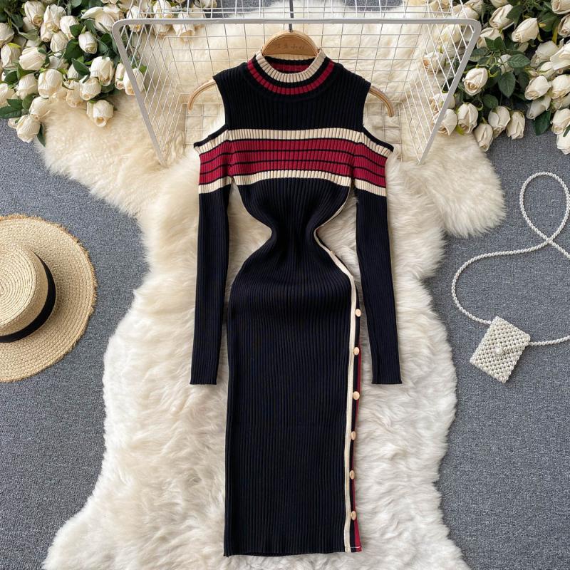 Casual Dresses Autumn Winter Retro Stripe Knitted Dress Female Off Shoulder Sweater Long Sleeve Elastic Slim Sheath, Black
Casual Dresses Autumn Winter Retro Stripe Knitted Dress Female Off Shoulder Sweater Long Sleeve Elastic Slim Sheath, Black