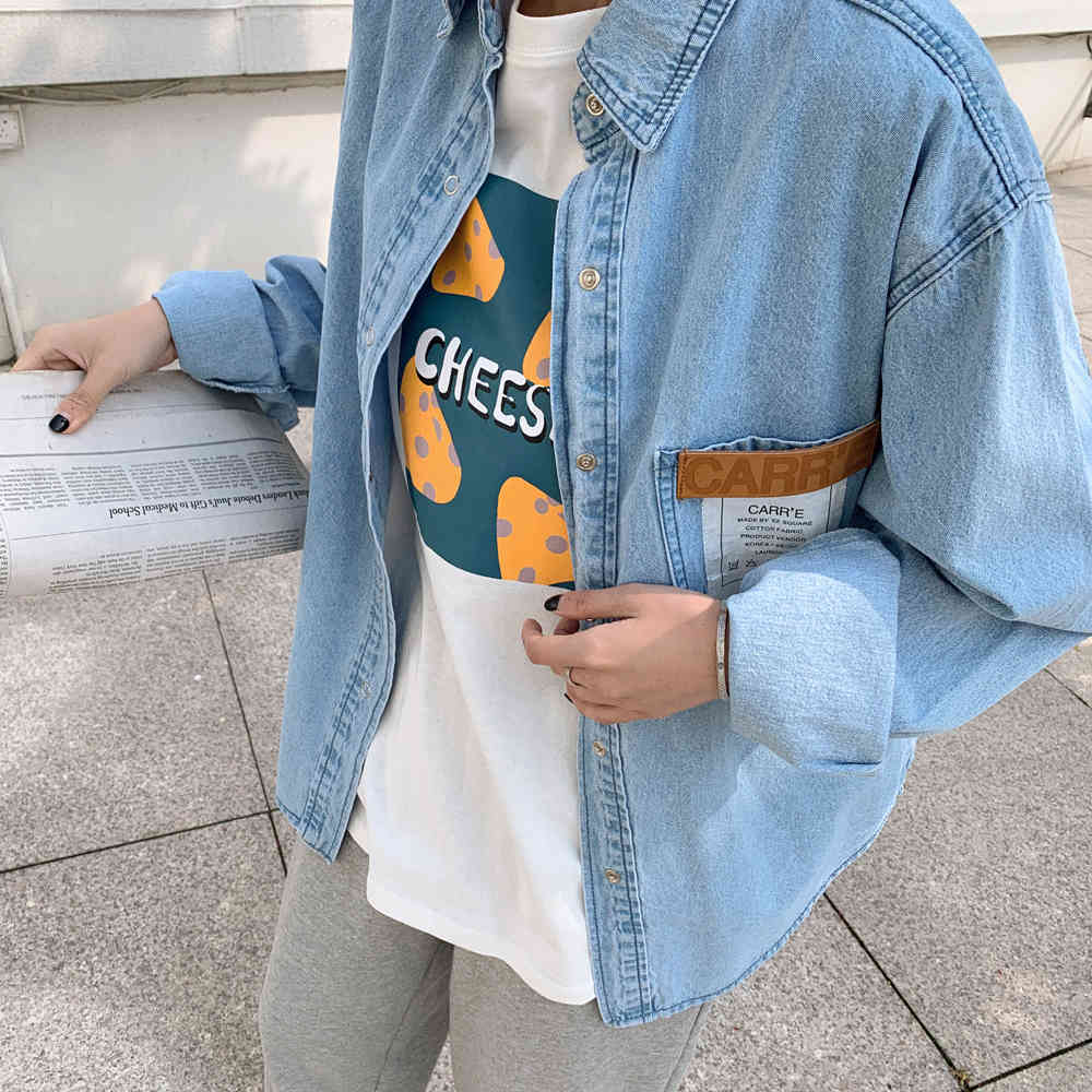 Spring Autumn Korea Fashion Women Long Sleeve Loose Denim Shirts Coat Vintage Blue Casual Turn-down Collar Blouse V39 210512