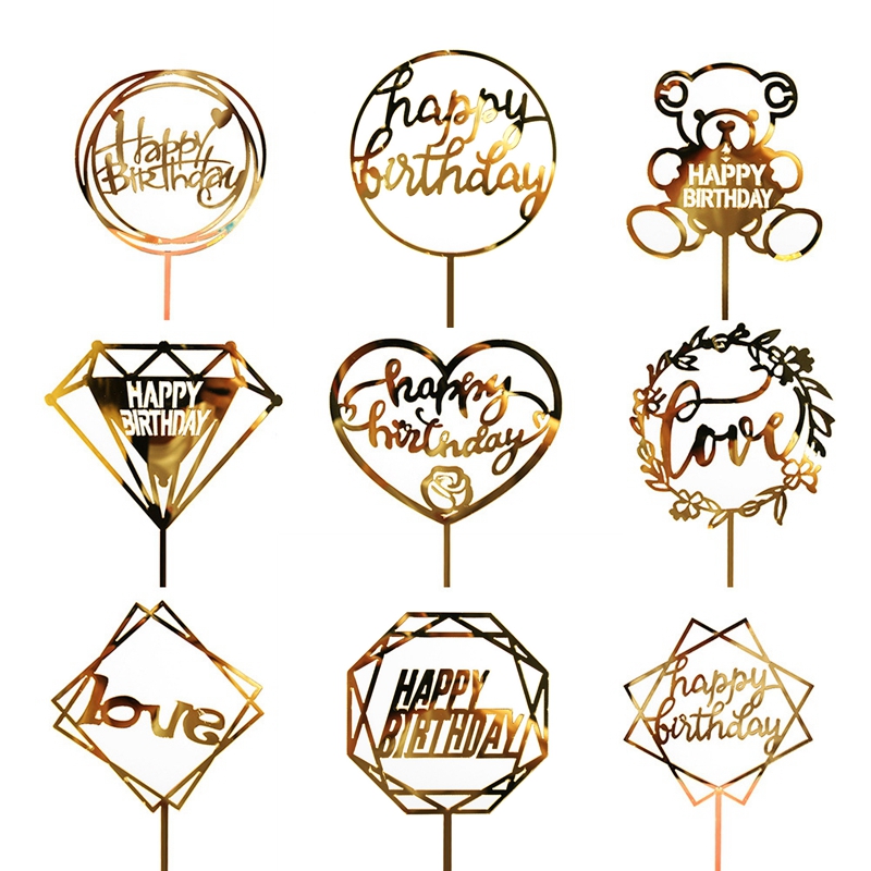 Cake Acrylique Topper Gold Flash Cake Topper Joyeux anniversaire Décoration du Nouvel An pour la maison Fournitures Cupcake Topper