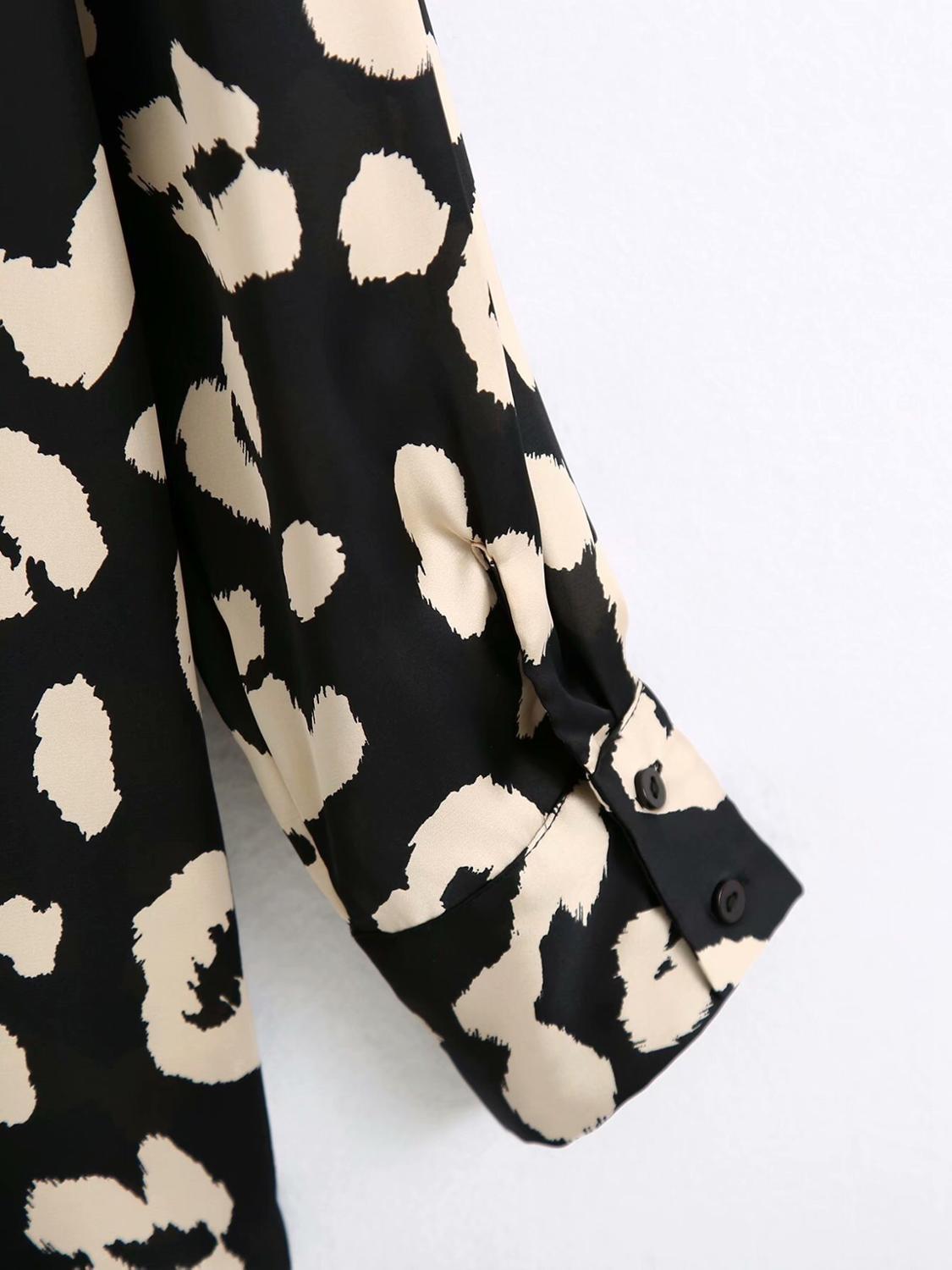 Elegant Lapel Black Beige Leopard Print Mid Long Silk Shirt Retro Woman sleeve OL Blouse Satin Tops Blousas 210429