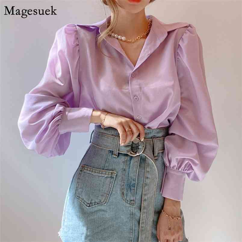 Korean Chic Solid Loose Women Blouse Turu-down Collar Button Long Sleeve Shirt Elegant Office Lady Tops Blusas Mujer 12492 210512