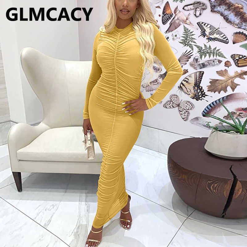 Women Long Sleeve Pleated Bodycon Maxi Dress Sexy Slim Fit Dresses 210702
