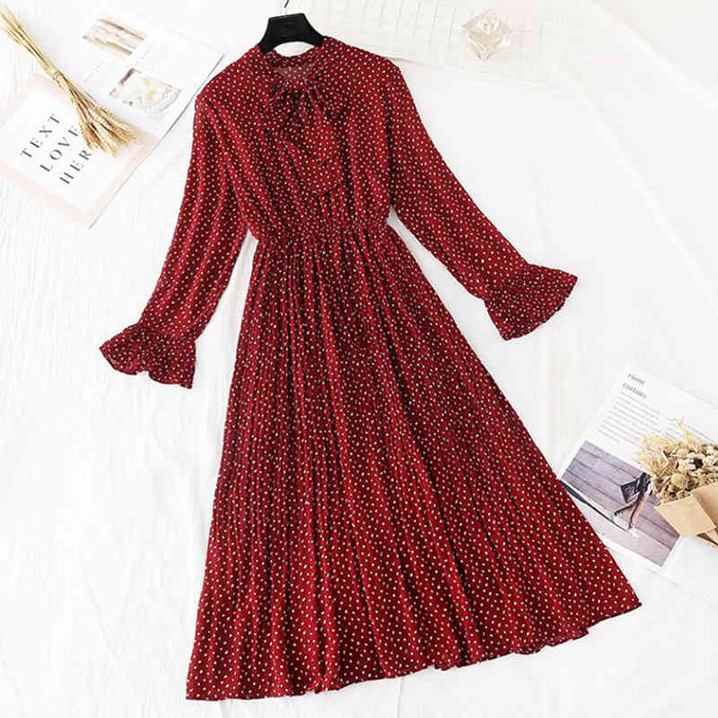 Spring Summer Chiffon Dress Casual Flare Sleeve Vintage Print Pleated Midi Dress Elegant Party Dress Elastic Waist Vestidos 210521