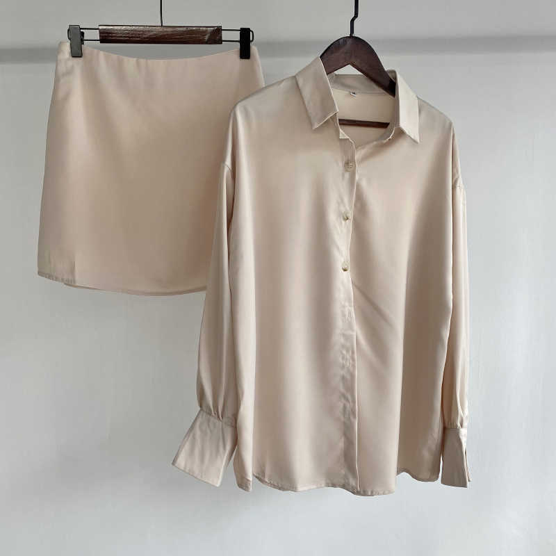 Msfancy Summer 2 Pieces Skirt Set Women Satin Long Sleeve Loose Shirt A-line Mini Skirt Elegant Conjuntos De Vestido 210825