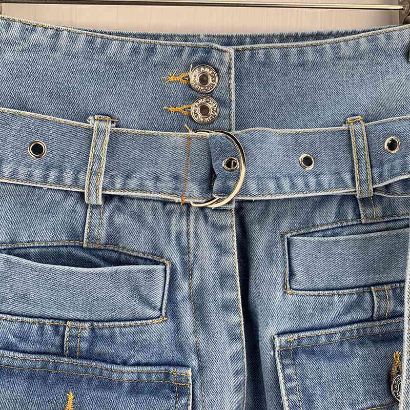 Denim Patchwork Pocket Skirt For Women High Waist Asymmetrical Irregular Hem Streetwear Skirts Female Fashion 210521