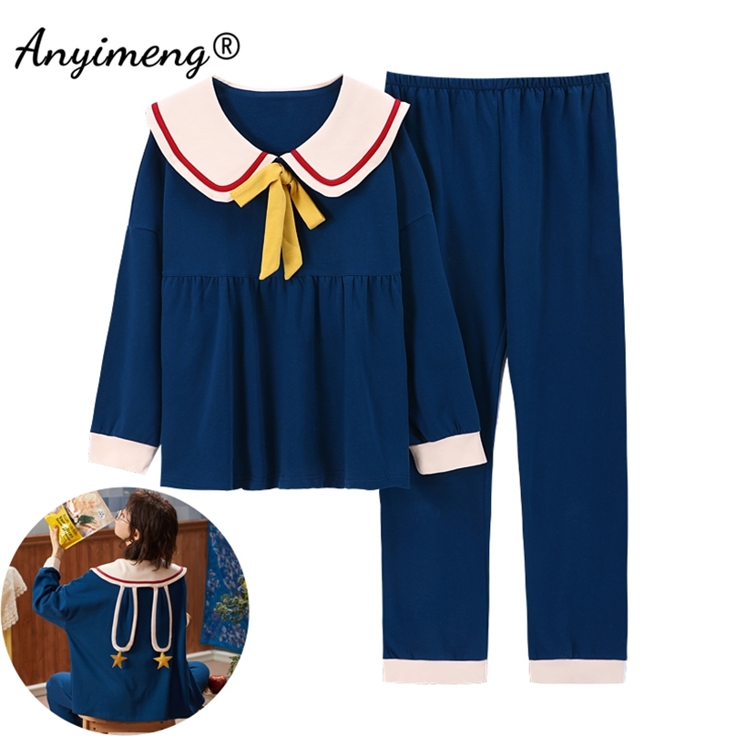 Navy Lapel Kawaii Pj Cotton Korean Style Fashion Pajamas for Young Ladies Teenager Student Girls Autumn Winter Home Clothing 211118
