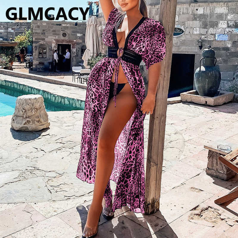 Short Sleeve V Neck Leopard Dress Summer Beach Cover Ups Long Dress 210702