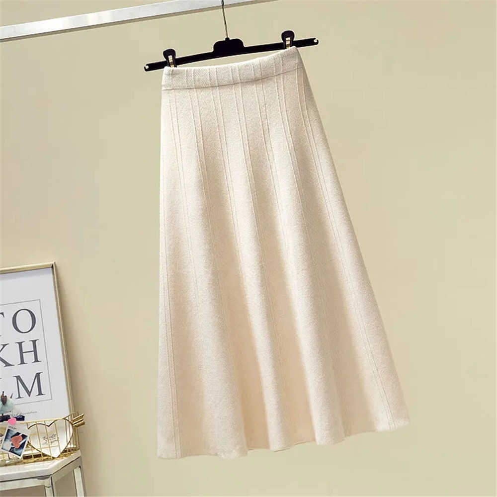 Vintage Brown Knitted Long Skirt Autumn Winter Women Casual Solid A Line Skirt Korean Female Black High Waist Midi Skirt 211119