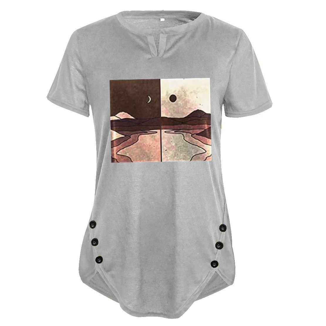 Women Casual Fashion T-shirt Sun Moon Print Loose V-neck Short Sleeve Button Irregular Tshirt Summer Tops Plus Size 5XL 210522