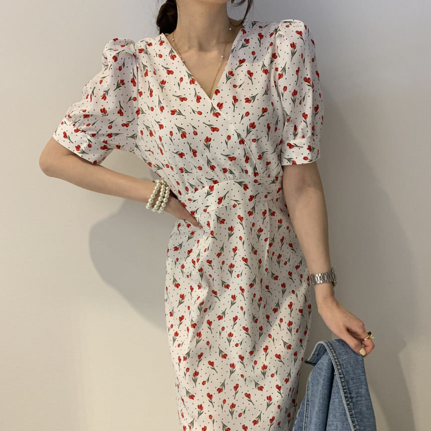 Fashion Flower Print Dress Women Elegant V Neck Puff Sleeve Ladies Vestidos Summer Slim Waist Female Dresses 210506