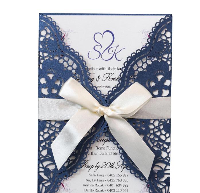 2021 Ivory Laser Cut Wedding Invitation with Ivory Shimmer Insert and Ivory Ribbon Bow, Laser Cut Wrap Invitation