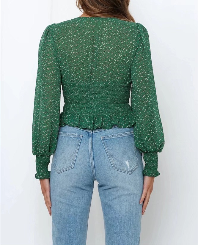 Spring Green Floral Print Crop Shirt Women Sexy Lacing up Tie Bow Square Collar Elastic Waist Slim Fit Blouse French Tops 210429