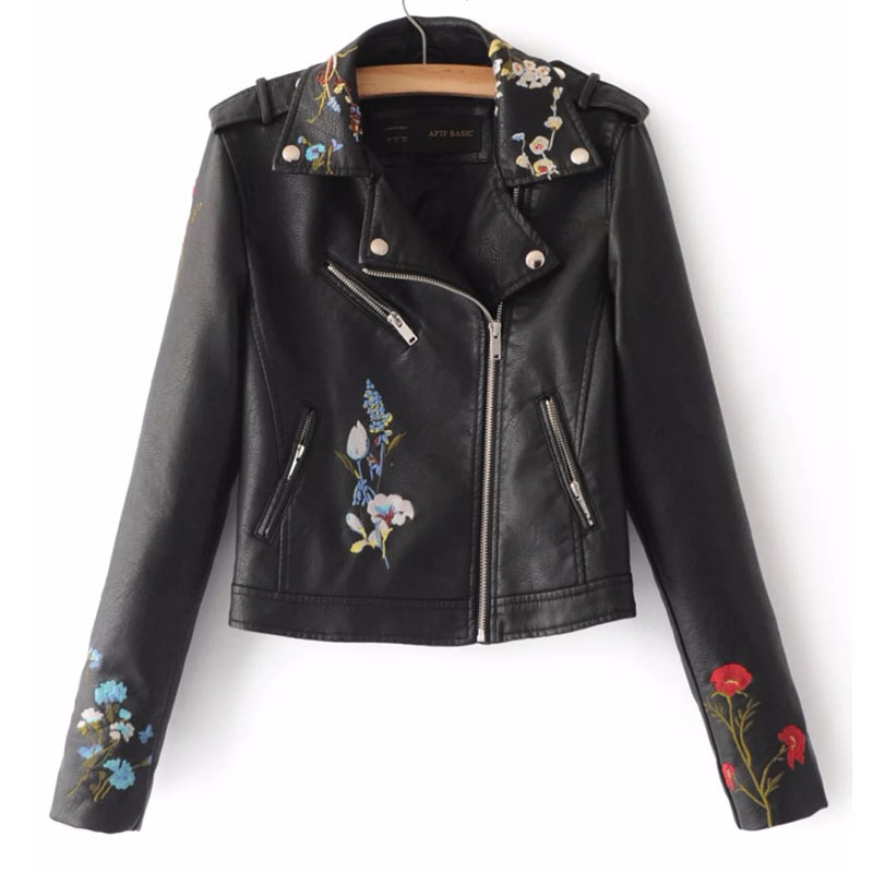 Embroidery female autumn Korean version of the lapel locomotive PU leather short-sleeved lapel jacket Yellow pink Coat 210507