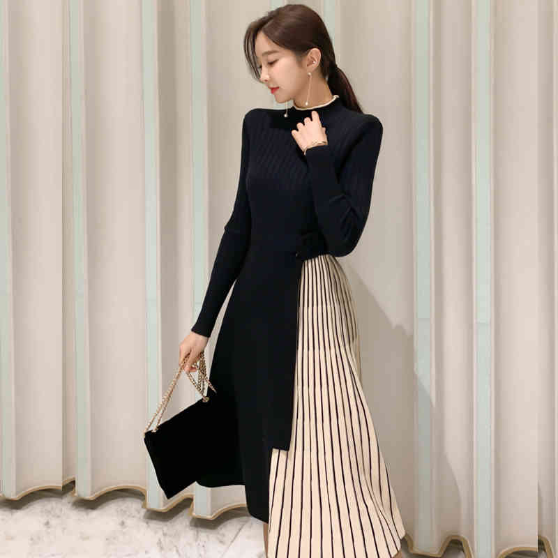 Winter Elastic Knitted Dresses Women Color matching Lace-up Sweater Dress Fashion Slim Work Office Vestidos 210506