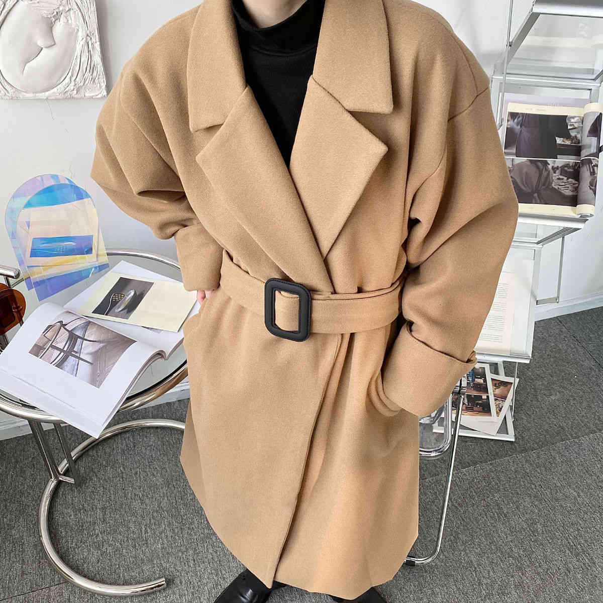 IEFB Men's Button Decorative Belt Bandage Waist Woolen Coat Oversize Mid Length Clothes Thick Male's Coats Long Sleeve Y4926 210524
