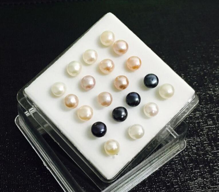 925 Silver Mixed color white black Pink 6mm natural Freshwater pearl Earrings Ear Studs 10 pairs / box