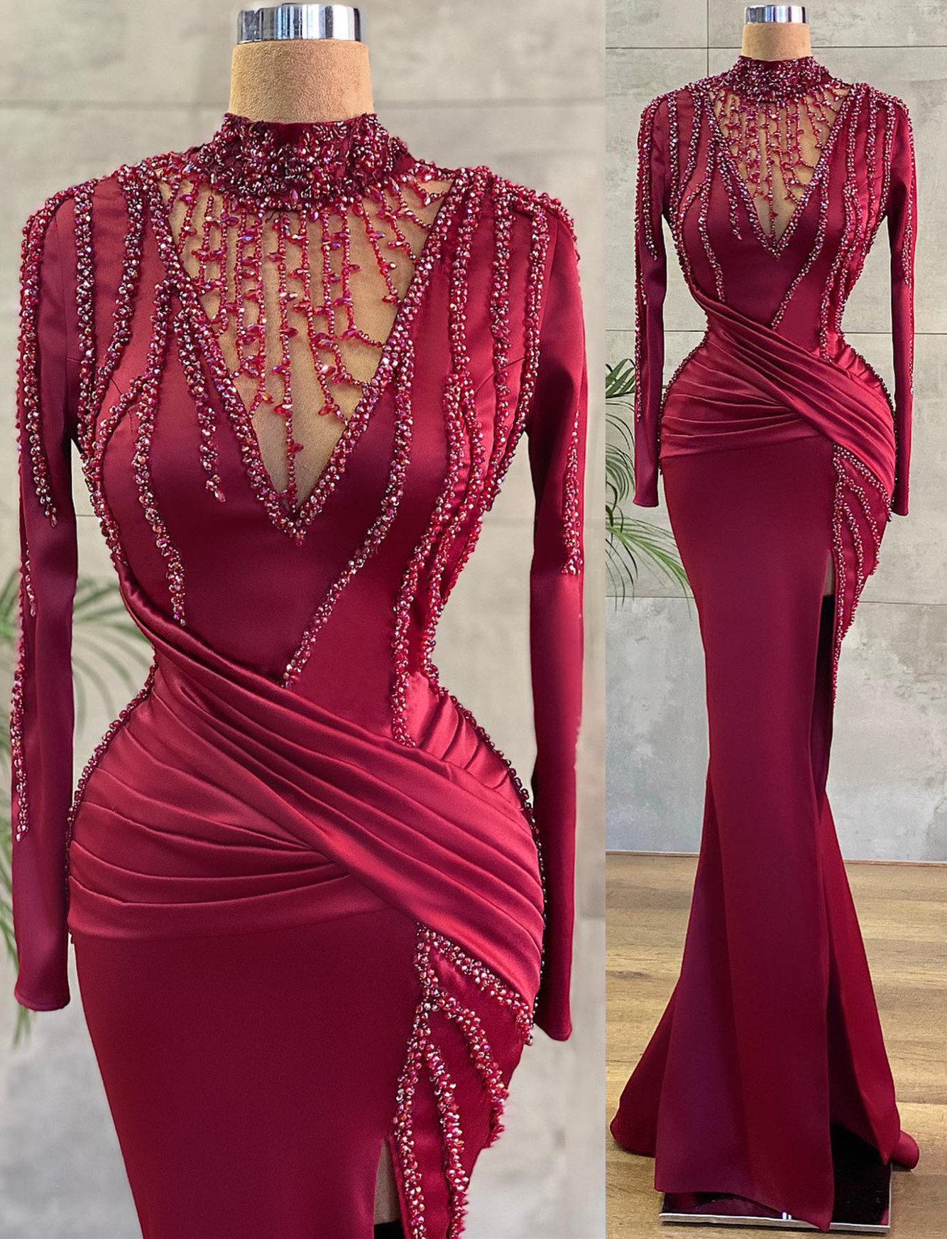 Plus Size Arabic Aso Ebi Burgundy Mermaid Luxurious Prom Dresses Beaded Crystals Evening Formal Party Second Reception Birthday Engagement Gowns Dress