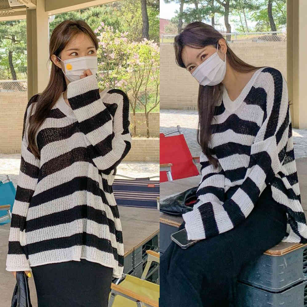 Striped Knitted Sunscreen Pullover Knitwear Women Summer Full Sleeve V-neck Loose Thin Tops Sweater Korean Fashion Jumpers 210514