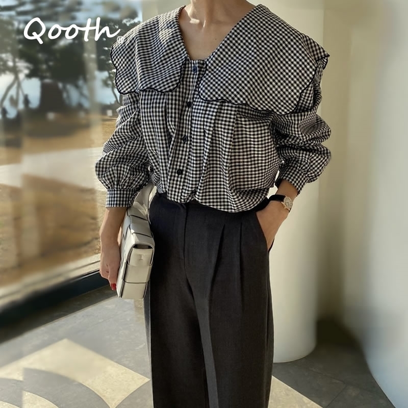 Qooth Design Young Plaid Sweet Navy Collar Single-Breasted Long Sleeves Loose Fashion Elegant Casual Spring Blouse QT506 210518, Black
Qooth Design Young Plaid Sweet Navy Collar Single-Breasted Long Sleeves Loose Fashion Elegant Casual Spring Blouse QT506 210518, Black
