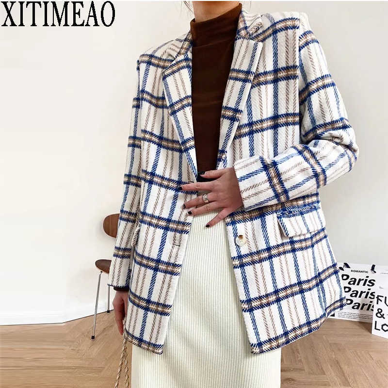 XITIMEAO Women Casual Woolen Coat Blazer Office Lady Plaid Slim Suit Coat Single Breasted Thickening Ladies Blazers 210930