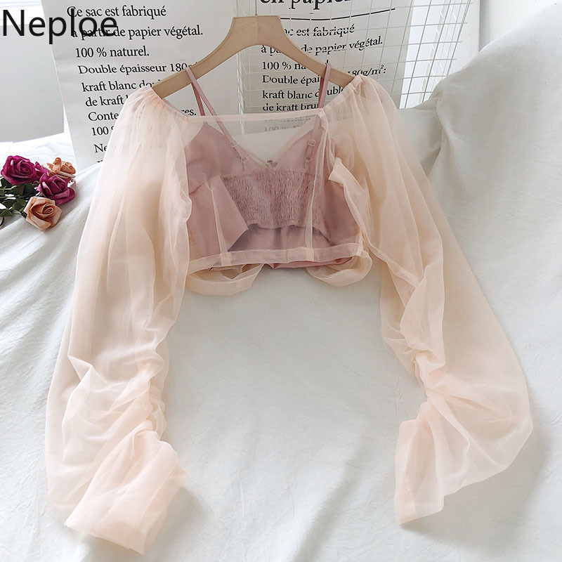 Neploe Summer Sweet Outfits Blusas Womens Gauze V-neck Shirt Sling Crop Tops Korean Fashuin Suit Femme Roupas 2 Piece Set 95318 210422