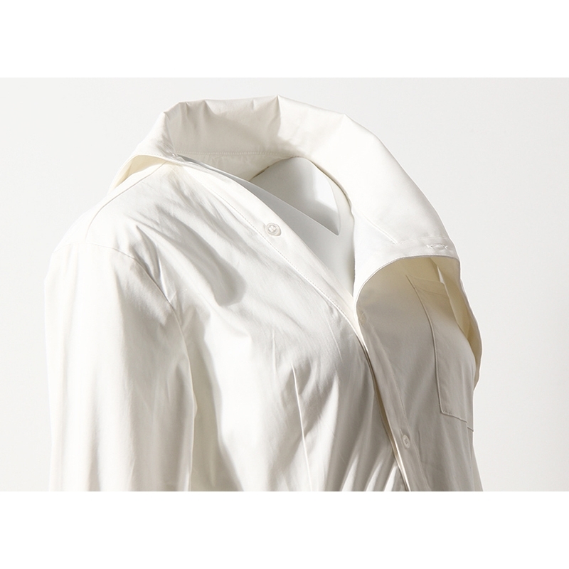 [EAM] Women Single Breasted Pockets White Dress Asymmetrical Long Sleeve Loose Fit Fashion Spring Autumn 1DD6953 210512
