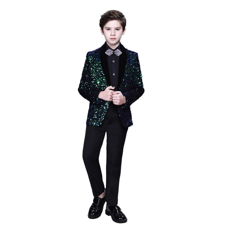 Fashion Ring Bearer Boy's Formal Wear Tuxedos Shawl Lapel One Button Children Attire For Wedding Party Kids Suit Set Sparkling Sequins Jacket +Bl