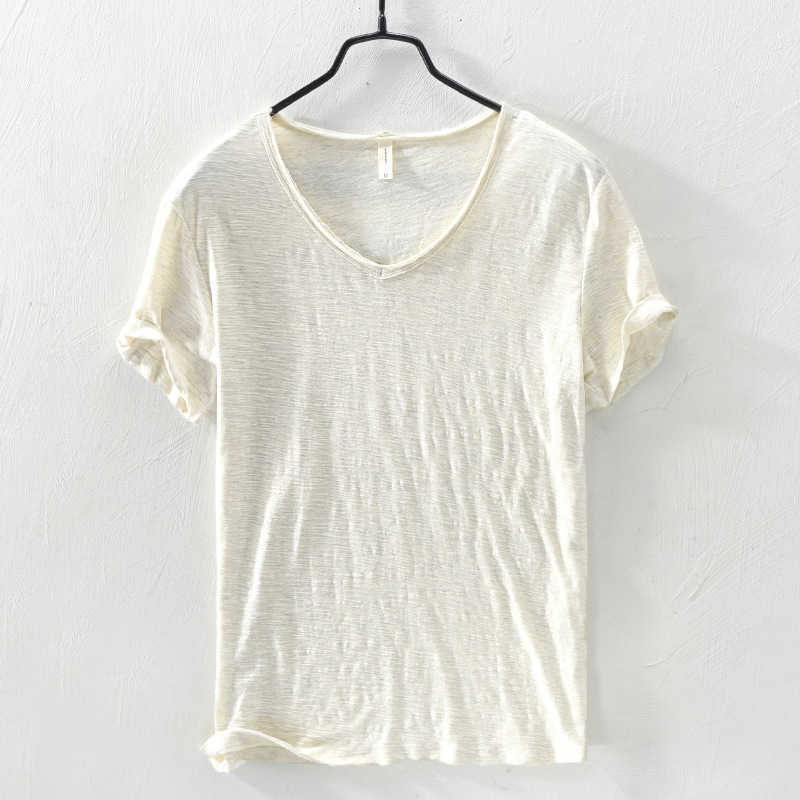 Summer Men linen cotton t shirt men short sleeve V-neck breathable soft Loose Thin white t-shirt men Asian size M-XXXL 201 Y0809