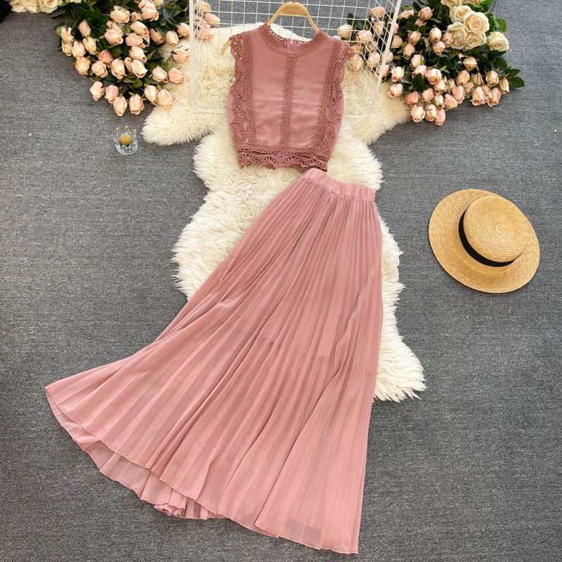 Purple/Yellow/Red Lace Chiffon Two Piece Dress Women Vintage Beach Party Sleeveless Short Tops Pleated Long Skirt Female 2pcs Suit 2022