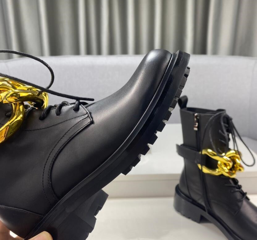 Fashion front lace-up low-heel short boots metal chain decoration round head size 38-40