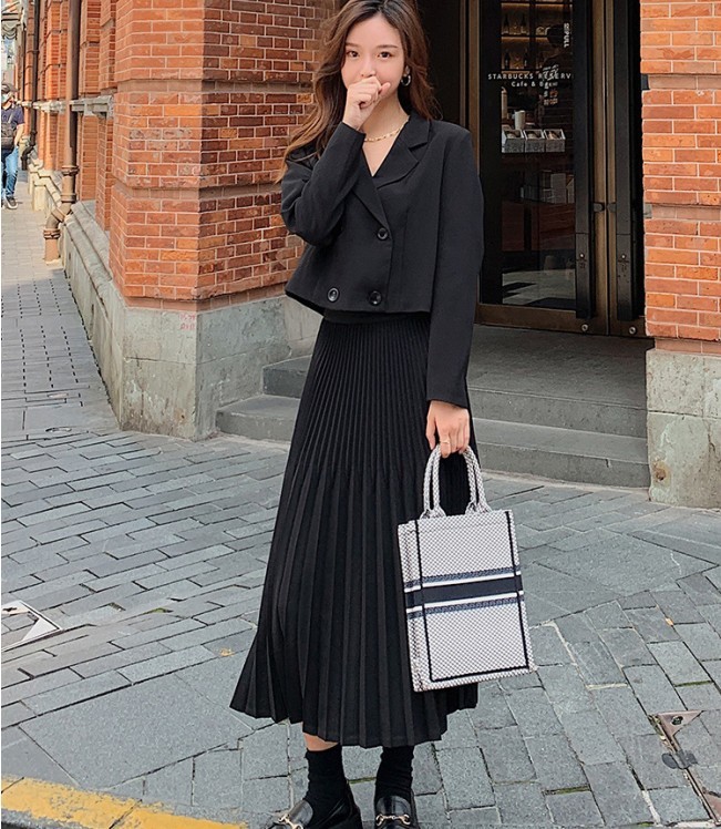 Autumn Women's 2 Piece Sets Elegant Fashion Office Long Sleeve double-breasted Short Coat Outwear+Pleated Long Skirts Suit 210518